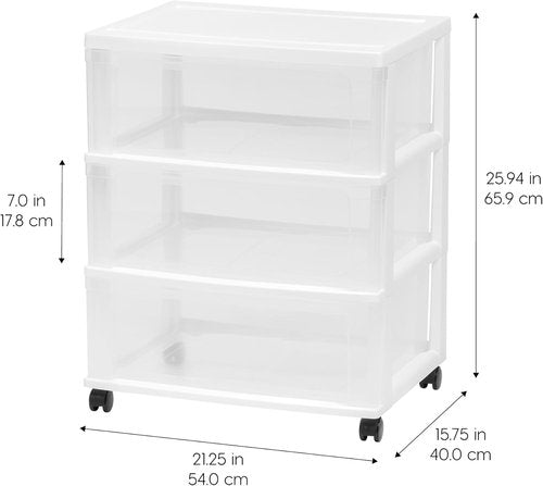 IRIS USA Rolling Storage Cart - 3-Drawer Plastic Organizer with Wheels for Art, Craft & Laundry - White