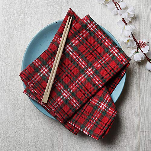 19x19 Inch Red & Green Plaid Cotton Dinner Napkins Set of 12 - Holiday Festive Tableware