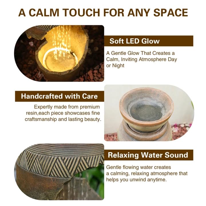 Modern Spiral Tiered Outdoor Water Fountain with LED Light & Planter