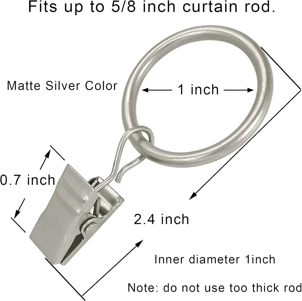 Skiennix Metal Curtain Rings - 44 Pack Drapery Clips with 1 Inch Inner Diameter - Matte Silver Finish