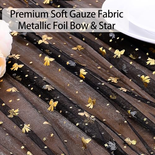 B-COOL Black Gold Bow Halloween Table Runner 3pcs 28x120in Tulle Gauze Decor