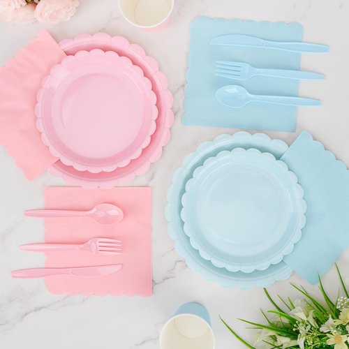 352 Pcs Gender Reveal Plates and Napkins, Boy or Girl Gender Reveal Party Supplies Include Pink and Blue Plates Napkin Cup Plastic Spoon Fork Knive for Baby Shower Birthday Decor Supplies, Serves 50