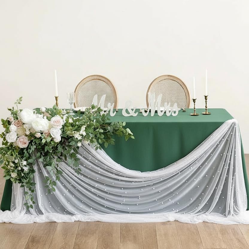 Table Runner 63" X 120" Wedding Arch Decorations Table Line Bridal Shower Decor Fabric Romantic Pearl Lace Tablecloth for Events Embroidered Sheer Wrinkle Free White Dessert Table Cloth Chiffon Tulle