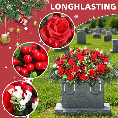 Christmas Cemetery Saddle Flowers 20in Roses & Red Berries for Headstones