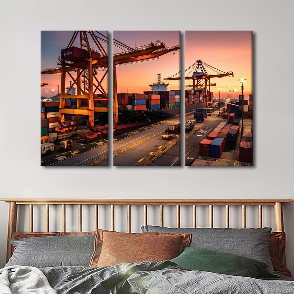 Framed Wall Art 3 Panel Container Cargo Freight Ship with Working Crane Bridge at Sunset Logistic Import Export Pictures Print on Canvas Wall Art for Living Room Bedroom Decorations 60x40 in