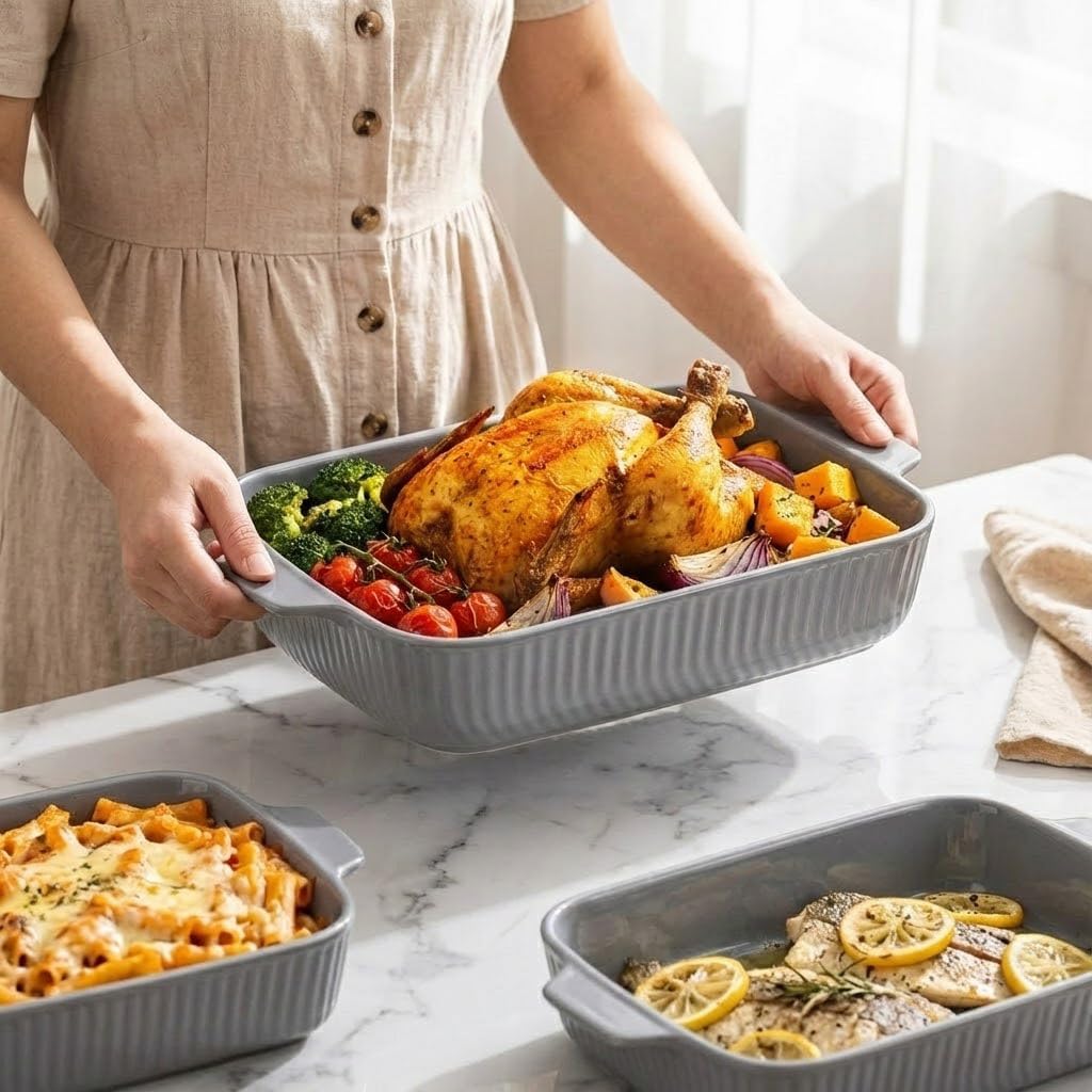 Yachi Ceramic Casserole Dishes - Set of 3 Rectangular Bakeware with Handles | Oven & Microwave Safe Gray (14.8''/12.7''/9.8'')