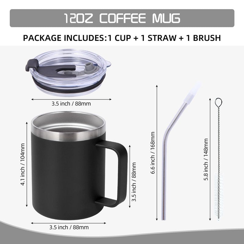 Volhoply 12oz Insulated Leakproof Coffee Mug with Flip & Straw Lid Bulk 8 Pack,Double Wall Vacuum Stainless Steel Travel Tumbler Cup with Handle,Reusable Camping Mugs Keep Cold(Assort color,8 Set)