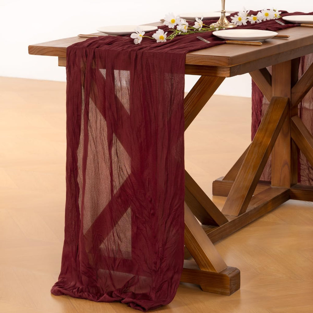 Socomi Burgundy Red Table Runner - Boho Rustic Cheesecloth 120 Inch for Weddings & Home Decor