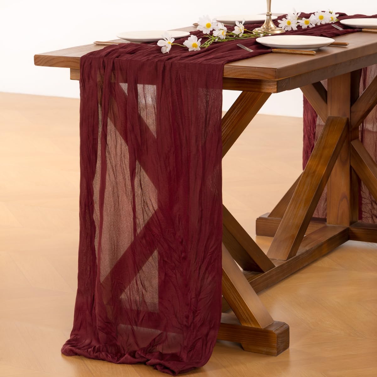 **Socomi Burgundy Red Cheesecloth Table Runner - 120 Inch Boho Rustic Sheer Decor for Weddings & Events**