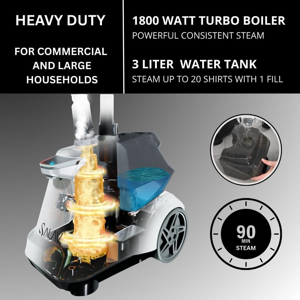 SALAV Heavy Duty Garment Steamer - 1800W with Foot Pedals & 3L Water Tank | 90+ Min Continuous Steam (White)