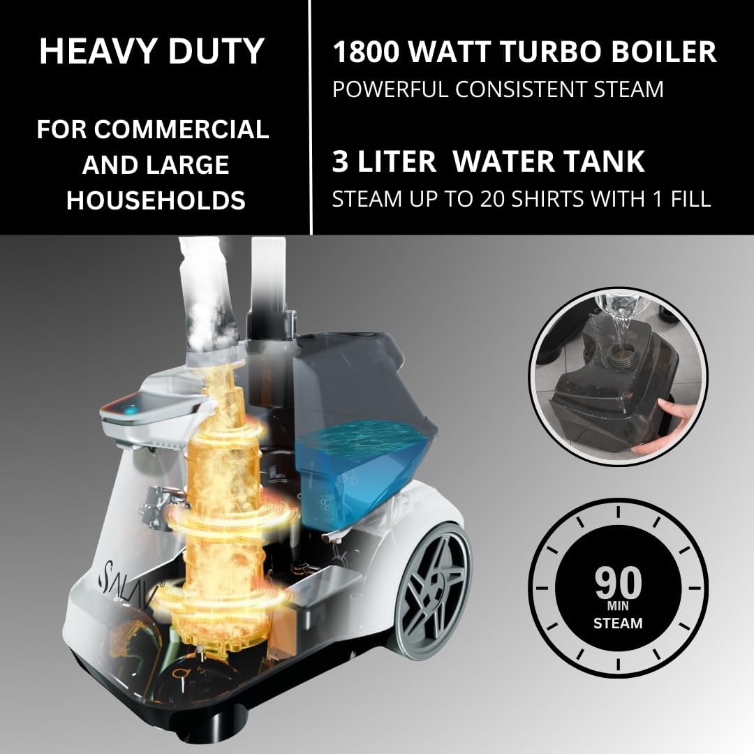 SALAV Heavy Duty Garment Steamer - 1800W with Foot Pedals & 3L Water Tank | 90+ Min Continuous Steam (White)