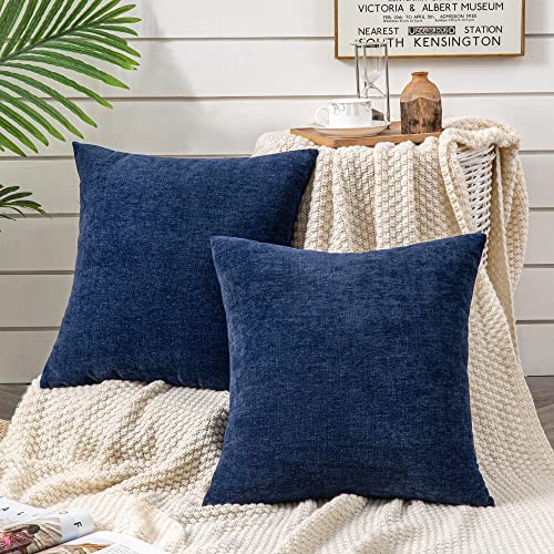 Soft Chenille Throw Pillow Covers 18x18 (Set of 2) - Navy Blue Cushion Covers