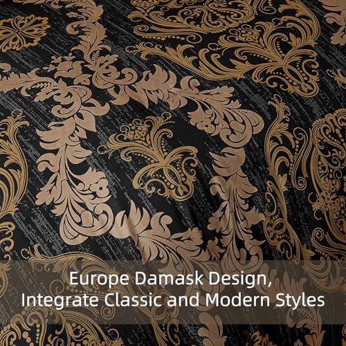 Black Gold Damask Comforter Set Queen Size - 7 Piece Bed in a Bag