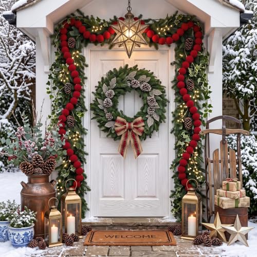 Giegxin 6 ft Burgundy Flocked Velvet Christmas Garland with Red Ornaments