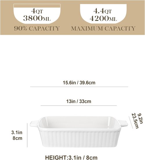 MALACASA Porcelain Casserole Dish Set - Versatile Bakeware Set of 5 (9.5" to 15.6") for Oven Use