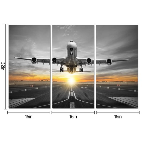 HOMEOART Aviation Decor Airplane Plane Flying Over Runway Canvas Wall Art Boys Room Decor Picture Framed Canvas Print Ready to Hang 16x32inchx3 Panels
