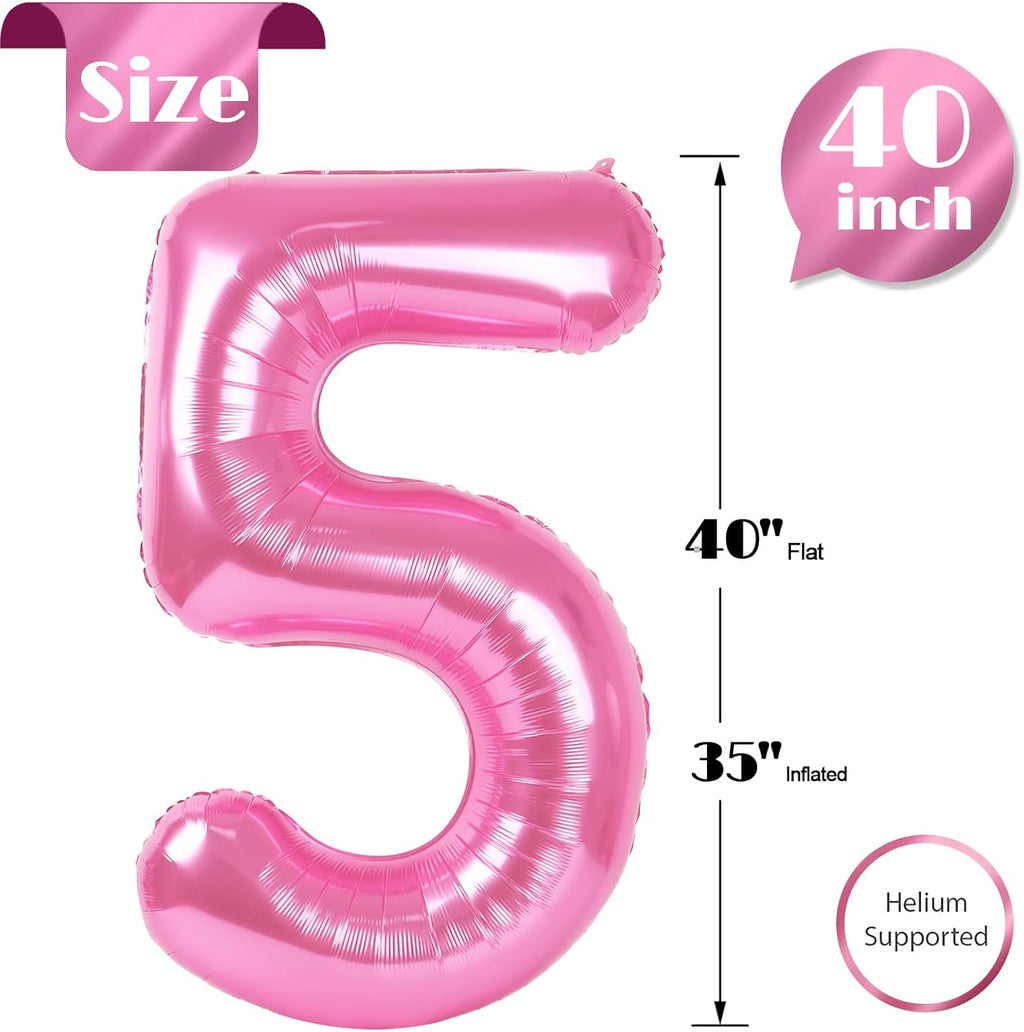 Pink Number 5 Balloon - 40 Inch Giant Foil Balloon for 5th Birthday Party Decorations