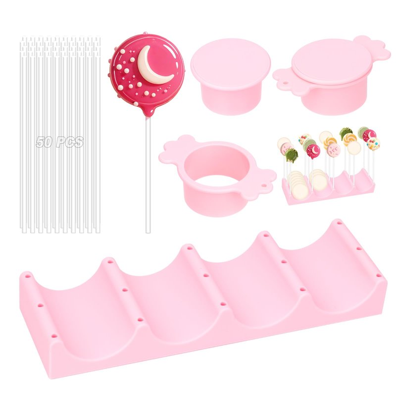 Silicone Cake Pop Mold Set, Round Cake Pop Cutter with Pusher, Tray and 50 Sticks, 15-Hole Cake Pop Holder, DIY Baking Molds Kit for Parties, Wedding, Home Desserts Making - Pink