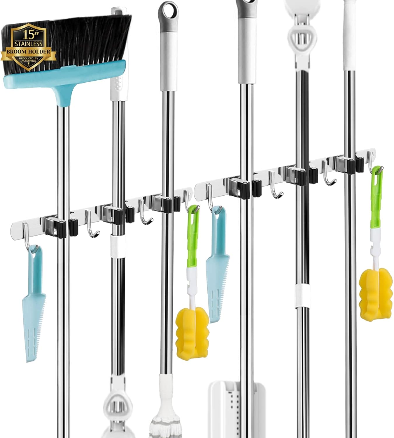 Skiennix Wall-Mounted Broom and Mop Holder - Heavy-Duty Stainless Steel Organizer with 5 Racks & 4 Hooks