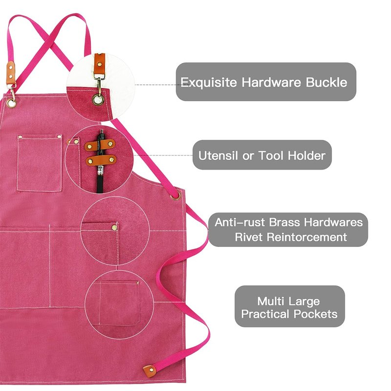 Kitchen Apron Canvas (2 Pack), Chef Apron Cross Back Adjustable Apron with 3 Pockets Professional Tool Work Apron Waterproof Barbecue BBQ Apron for Men Women, Cooking Painting Gardener (Pink)