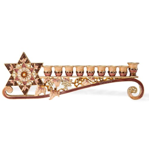 Matashi 9.25 Inch Long Hand Painted Enamel Menorah Candelabra Embellished with a Star of David Design and Embellished with Gold Accents Crystals