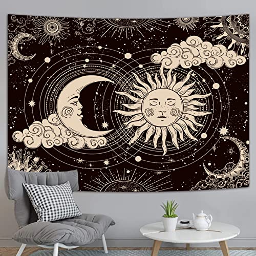 Sun and Moon Wall Tapestry - Aesthetic Black Wall Hanging (51.2" x 59.1")