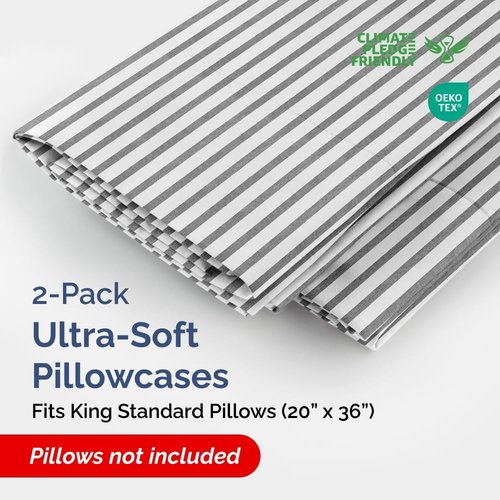 King Standard Pillow Cases - Ultra-Soft Hotel Quality Covers | Comfy, Fade-Free & Wrinkle Resistant - Grey Stripes - Set of 2
