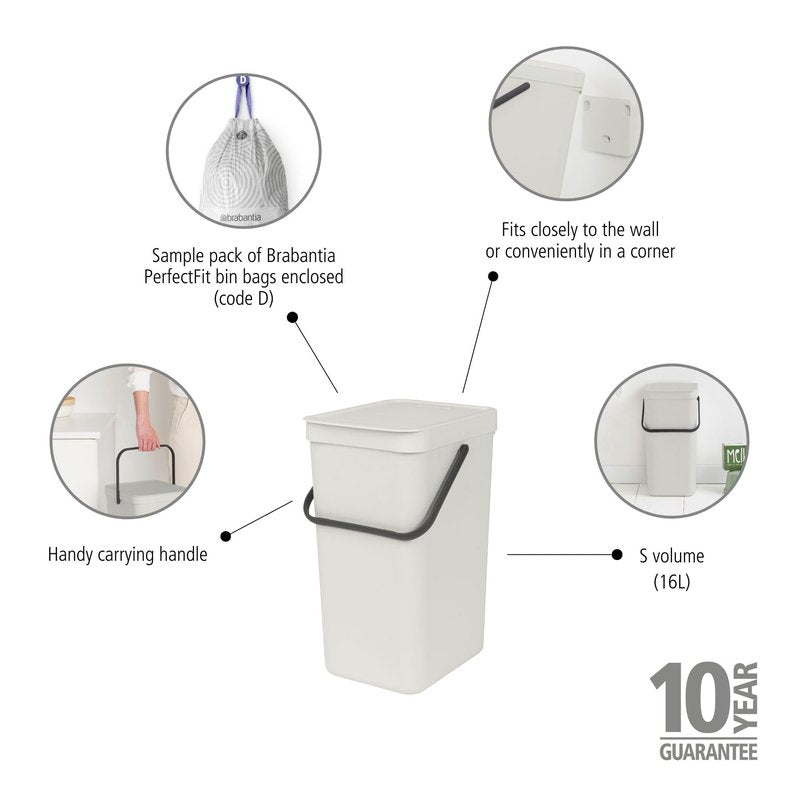 Brabantia Sort & Go Kitchen Recycling Bin | S / 4.2 Gal / 16L | Light Gray | Removable Stay-Open Lid, Carry Handle | Trash Can for Bottles, Cans, Paper, Glass | Wall-Mounting Bracket Included