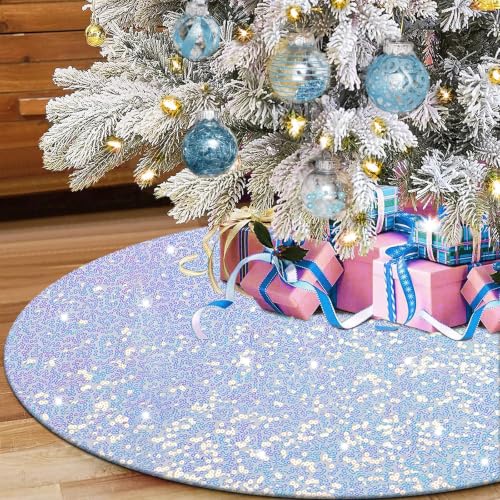 Ivarunner Iridescent White 48 Inch Christmas Tree Skirt Sparkly Sequin Xmas Decor