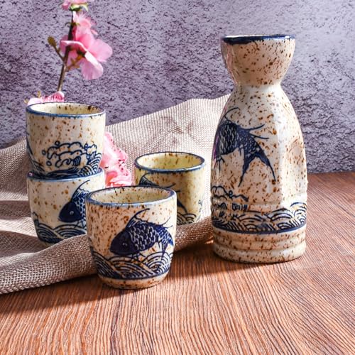 Japanese Ceramic Sake Set of 5 - Traditional Flask & Cups for Hot Cold Serving