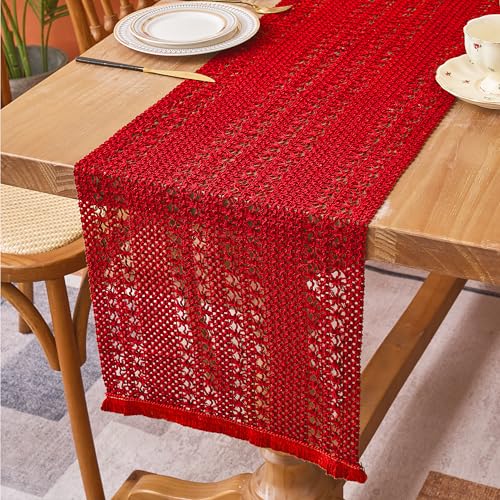 Red Macrame Burlap Table Runner 11.8x35.4in Christmas Boho Decor - Timecity
