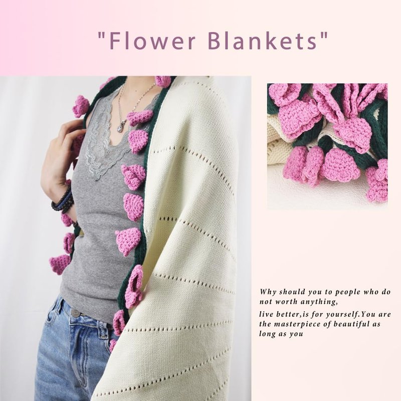 PHQMPSGYOK Crochet Flower Bouquet Blanket Pink Blanket Teacher Mom Graduation Birthday Gifts for Women Flower Bouquet rocheted Pink Blankets Throw Blankets Valentine's Day Gifts 43 Inches