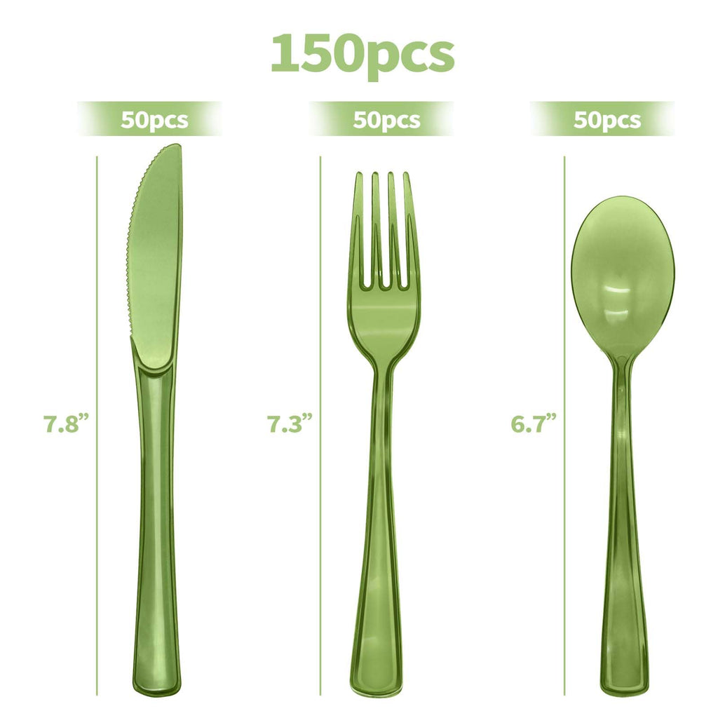 150 Pcs Sage Green Plastic Silverware, Disposable Plastic Utensils Heavy Duty, Green Silverware Sets Includes 50 Forks 50 Knives 50 Spoons for Birthday, Baby Shower, Picnic