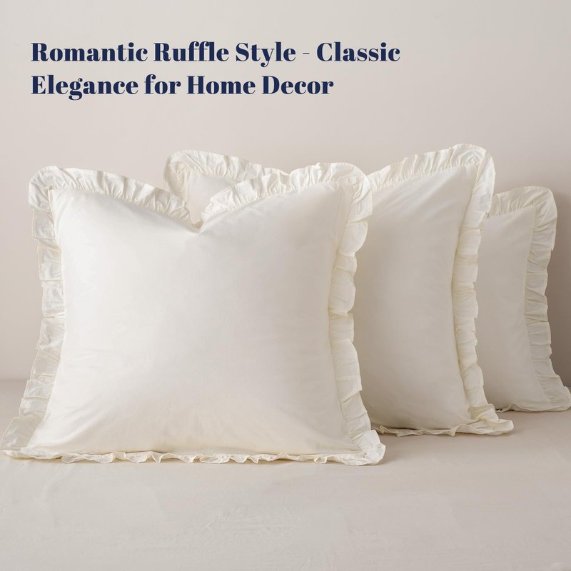 PHF 100% Washed Cotton Euro Shams with Ruffle, 2 Pack 26" x 26" Cotton Euro Sham Pillow Covers, No Insert, Ultra Soft Decorative Farmhouse Bedding for Bed Sofa, Cannoli Cream
