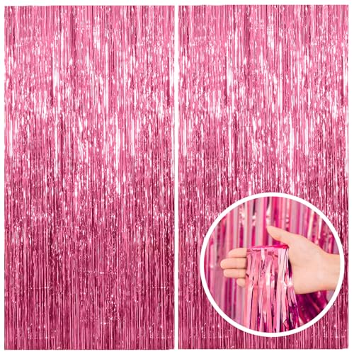 BOMSI 2 Pack Pink Foil Fringe Curtain Tinsel Backdrop for Party Decorations