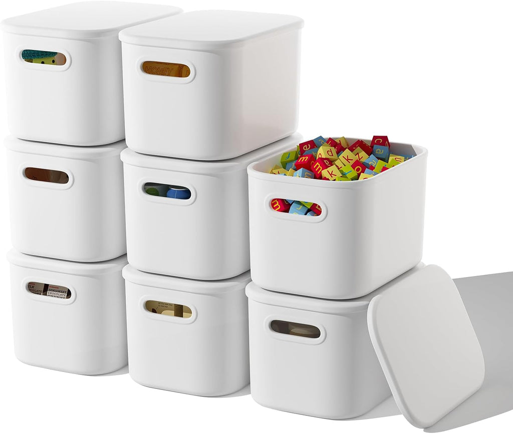 ORGIDOL 8-Pack White Storage Bins with Lids - Stackable Organizing Containers for Crafts & Snacks | 9.85x6.9x5.7 Inch