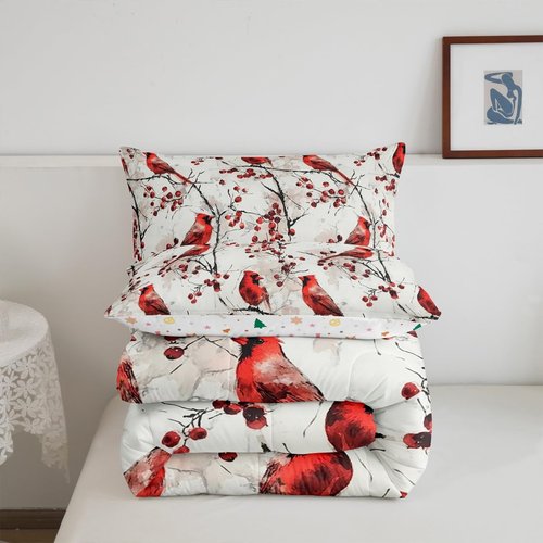 Feelyou Red Cardinal Bedding Set Queen Size Kids Cardinal Birds Comforter Set Boys Girls Christmas Birds Comforter Red Fruit Winter Rustic Country Farm Animal Quilt Set