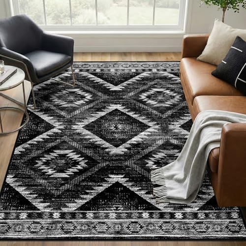 5x7 Washable Area Rug, Non-Slip Soft Faux Wool Western Tribal Floor Carpet