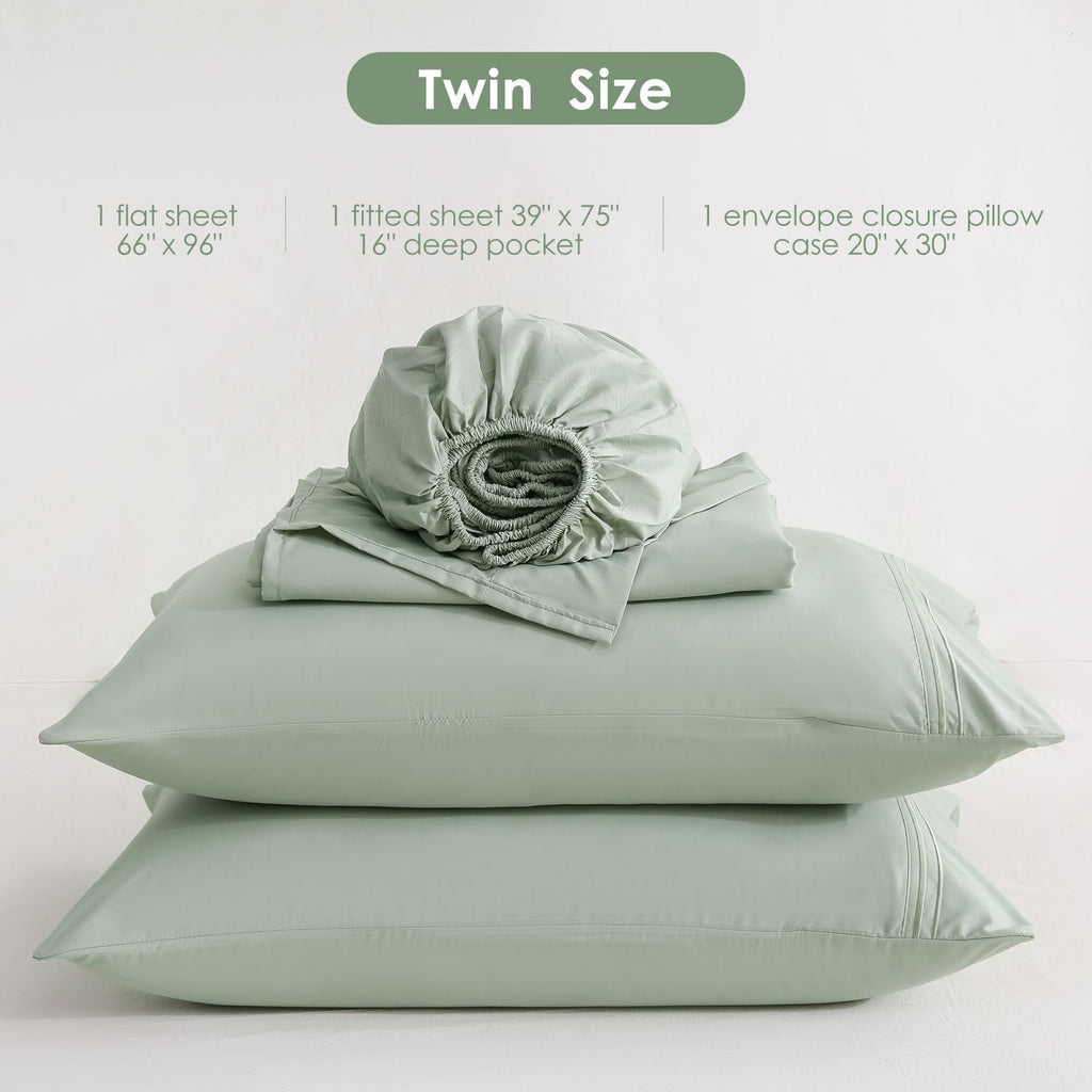 JSD Sage Green Twin Sheet Set with Side Pocket Corner Straps, 3 Piece Soft Kids Microfiber Bed Sheets Extra Deep Pocket