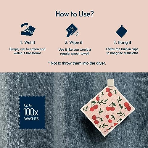 Reusable Swedish Dishcloths 8-Pack, Absorbent Cellulose Kitchen Cleaning Towels