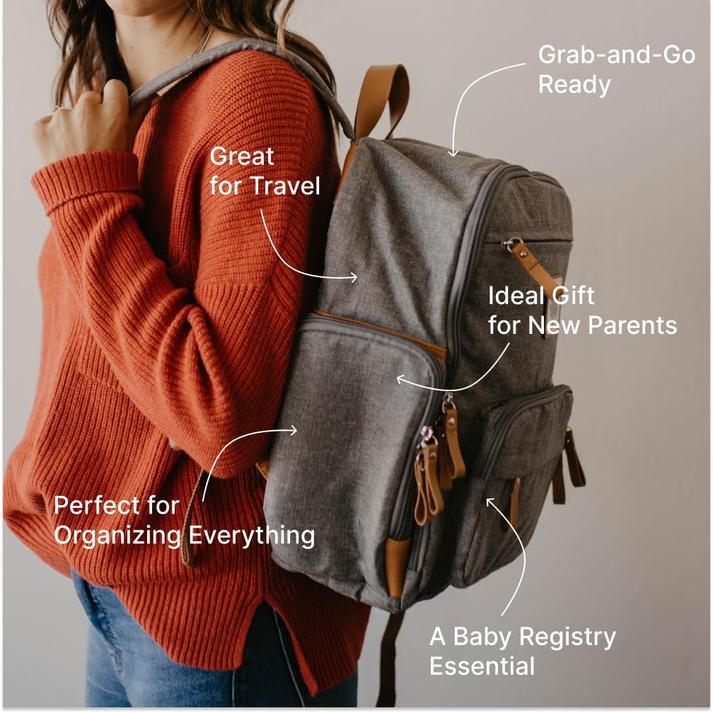 Parker Baby Diaper Backpack - Full Zip Diaper Bag with Insulated Pockets - Stylish Gray Design