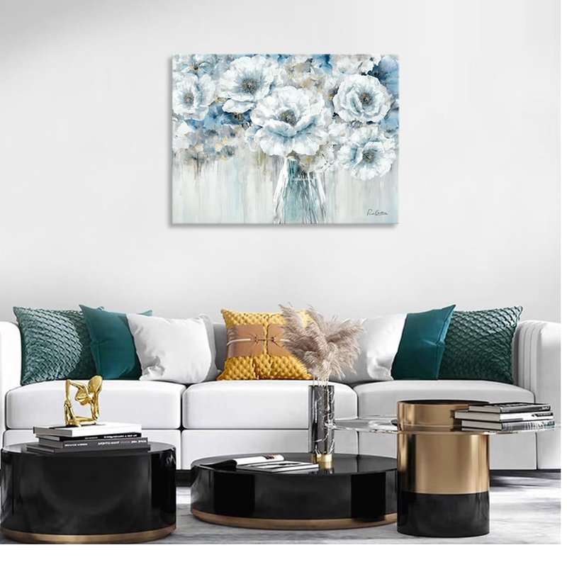 Woxfcart Living Room Flower Canvas Wall Art, Blue and White Floral in Vase with Gold Decoration for Gray Bedroom Bathroom Decor 32 x 24 Inch