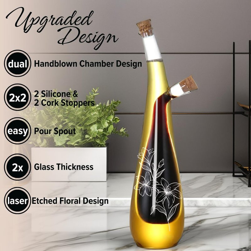 wishamotherwould Oil and Vinegar Dispenser Bottle - Handblown Glass with Elegant Floral Etched Design - Premium Glass Salad Dressing Bottle - Olive Oil and Vinegar Dispenser Set - 12 oz