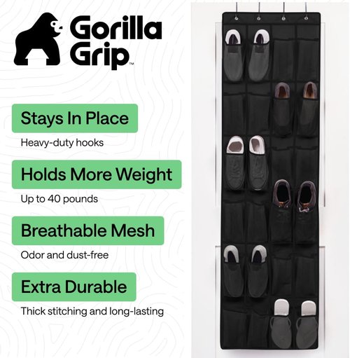 GORILLA GRIP Over The Door Shoe Organizer - 2 Pack with 24 Breathable Mesh Pockets | Space-Saving Storage for Shoes & Accessories, Black