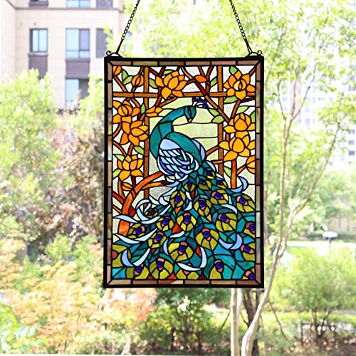 Stained Glass Peacock Window Panel Hanging - 15" W x 23" H