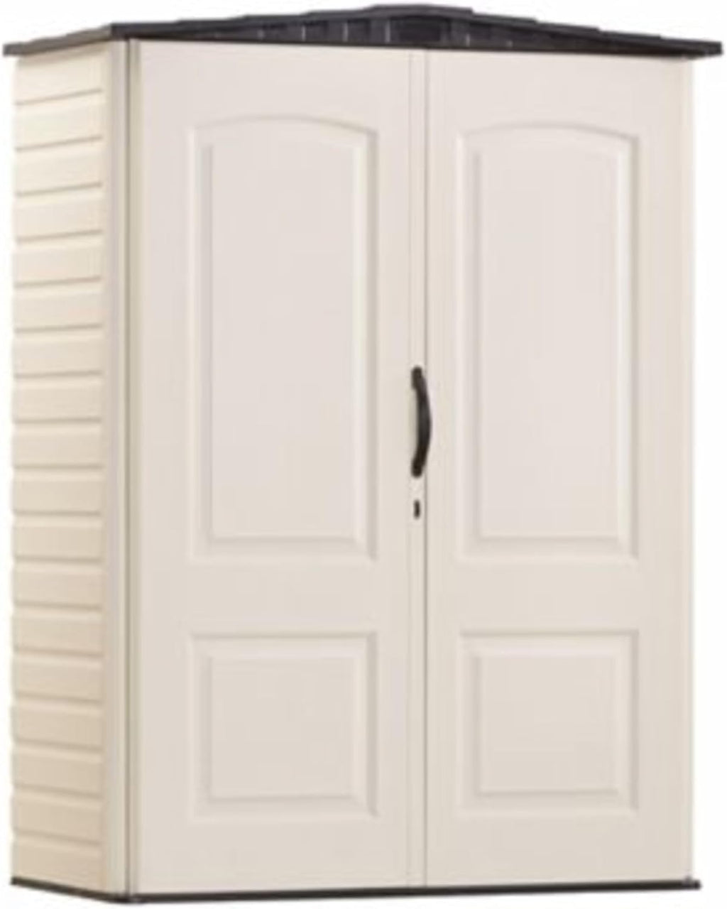 Rubbermaid Small Vertical Resin Outdoor Storage Shed - Weather Resistant Beige/Brown | 2.3 x 4.6 Ft for Garden Tools & Patio Cushions