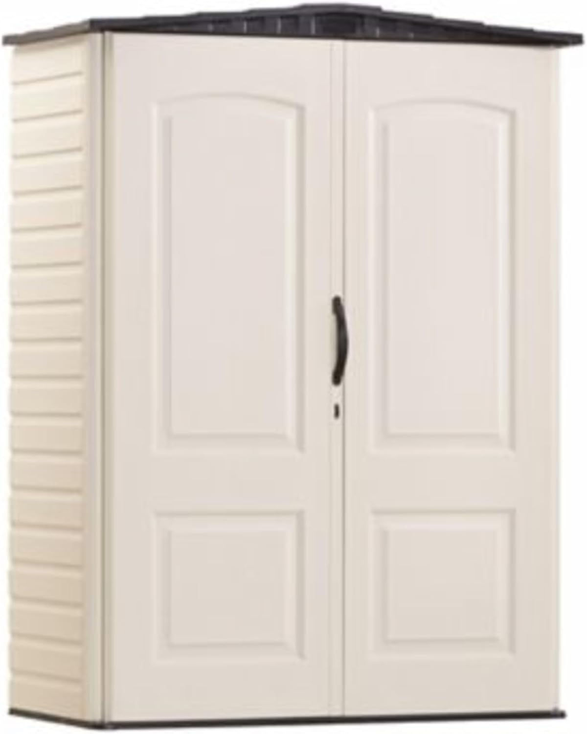 Rubbermaid Small Vertical Resin Outdoor Storage Shed - Weather Resistant Beige/Brown | 2.3 x 4.6 Ft for Garden Tools & Patio Cushions