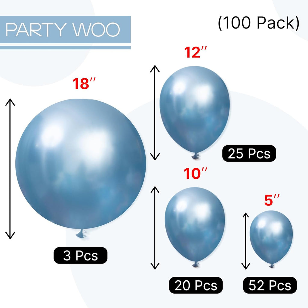 PartyWoo Metallic Light Blue Balloons - 100 Pcs Latex Balloon Arch Kit | 5-18 Inch Sizes for Graduation & Baby Showers
