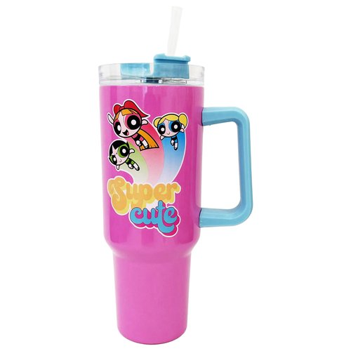 Spoontiques Stainless Steel Travel Mug, 40oz - Double Wall Insulation, Sturdy Handle, Sliding Lock Travel Lid - Powerpuff Girls