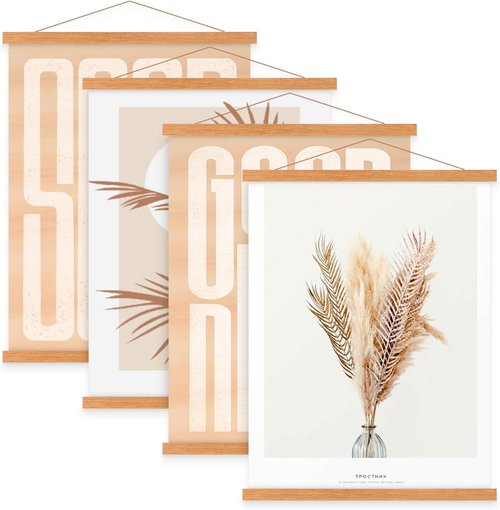 Benjia Magnetic Light Wood Poster Frame Set - 4 Pack for 10x14, 10x15, 10x13 Artwork | Teak Color